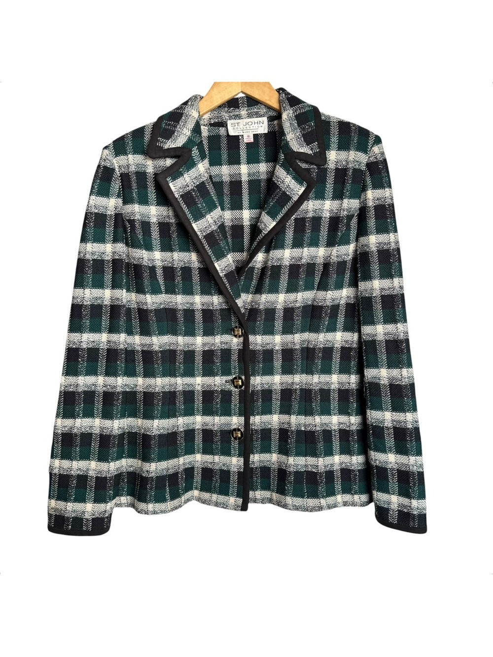 St John Collection Plaid Blazer Jacket Size 10 Black Hunter Green Santana Knit